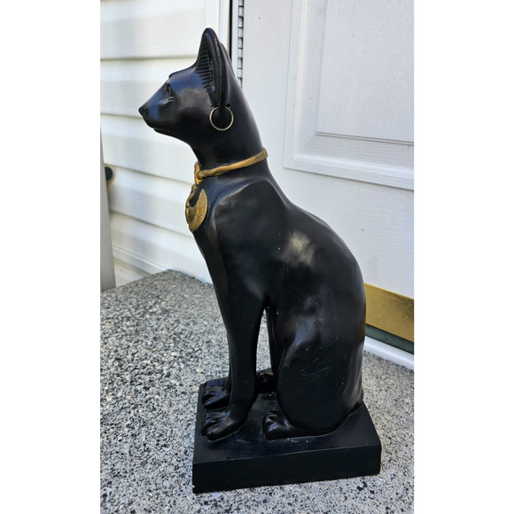 Ancient Egyptian Sitting Black and Gold Bastet Cat Figurine Egypt 13 1/2" - Picture 6 of 12
